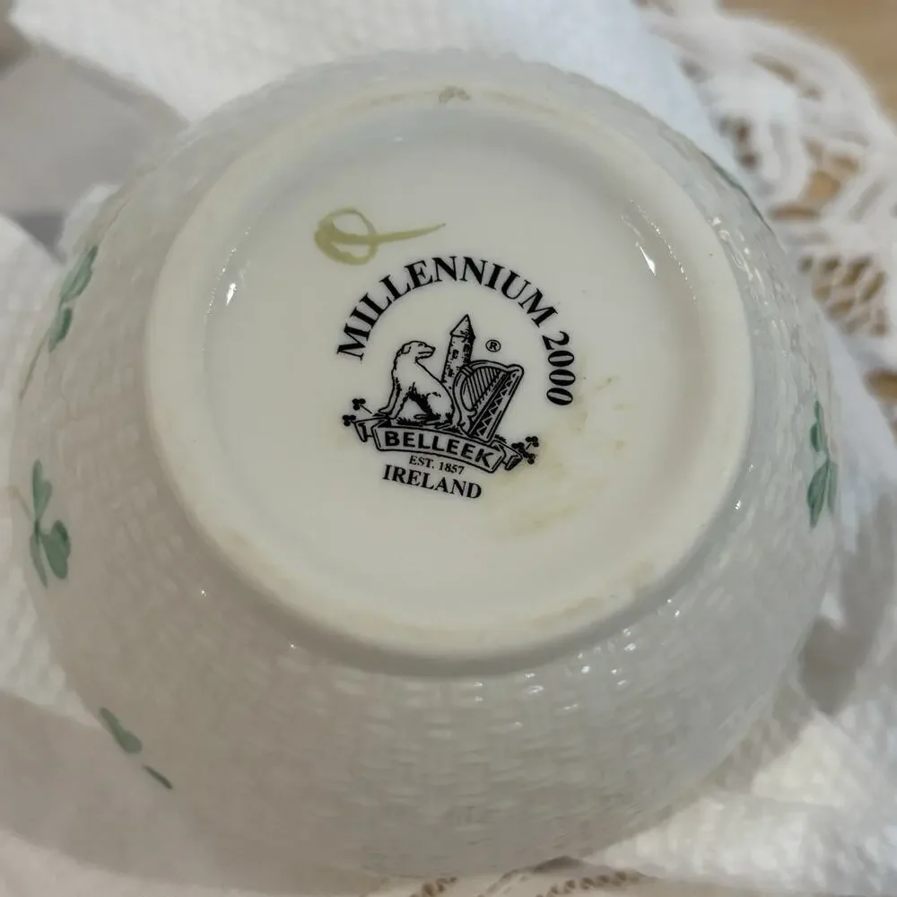 Belleek Ireland Millennium 2000 Shamrock Bowl Basketweave 4.5” Irish Porcelain